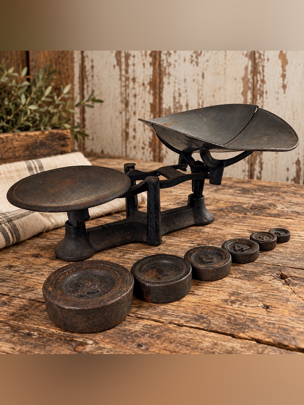 Antique No. 146 Cast Iron Balance Scale Scoop & 6 Weights, c. early 1900s 13”